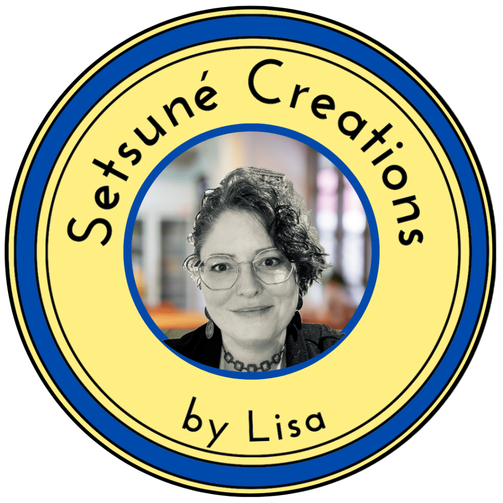 Setsune Creations by Lisa logo in yellow and blue with a photo of Lisa in the centre of the circular logo.