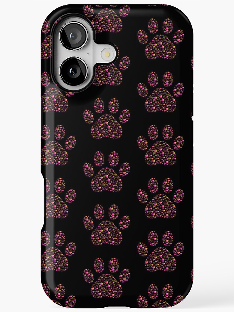 Photo of a the back of a black phone case with a pattern of paw prints made of small hearts in pink to yellow gradient.